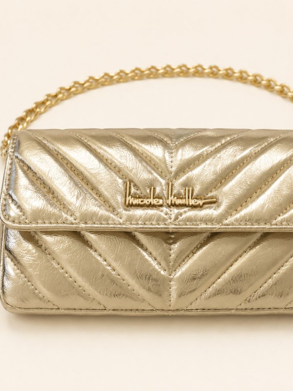 NWT Nicole Miller Metallic Gold Chevron Quilted Chain Crossbody Bag